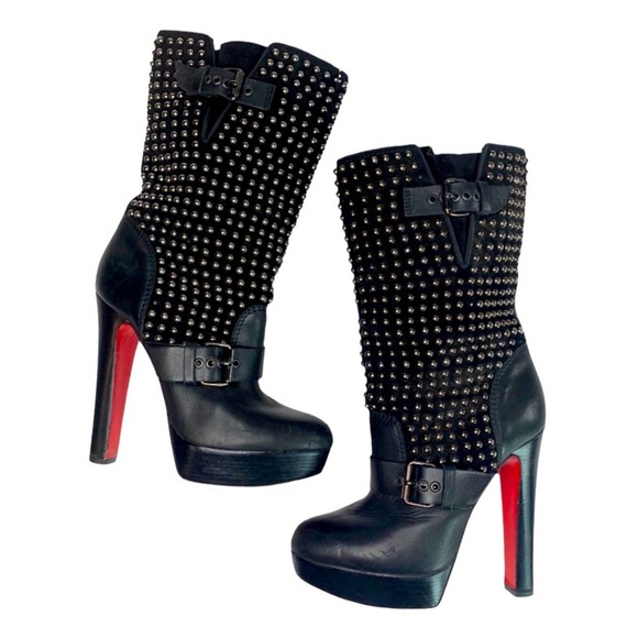 Christian Louboutin Shoes - CHRISTIAN LOUBOUTIN Black Marisa Leather Studded Moto Platform Boot